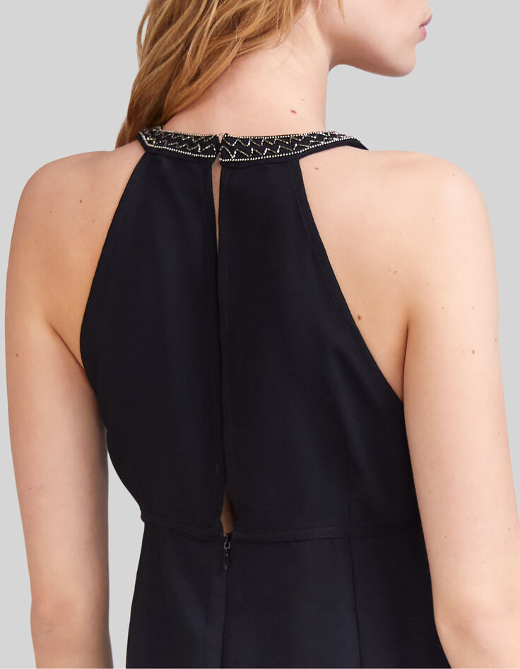 Vestido largo negro plastrón bordado cuentas metal mujer-6