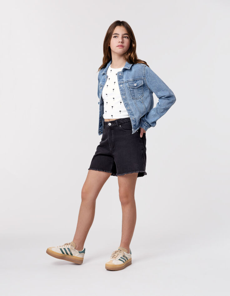 Short en jean noir Waterless bords frangés fille-1