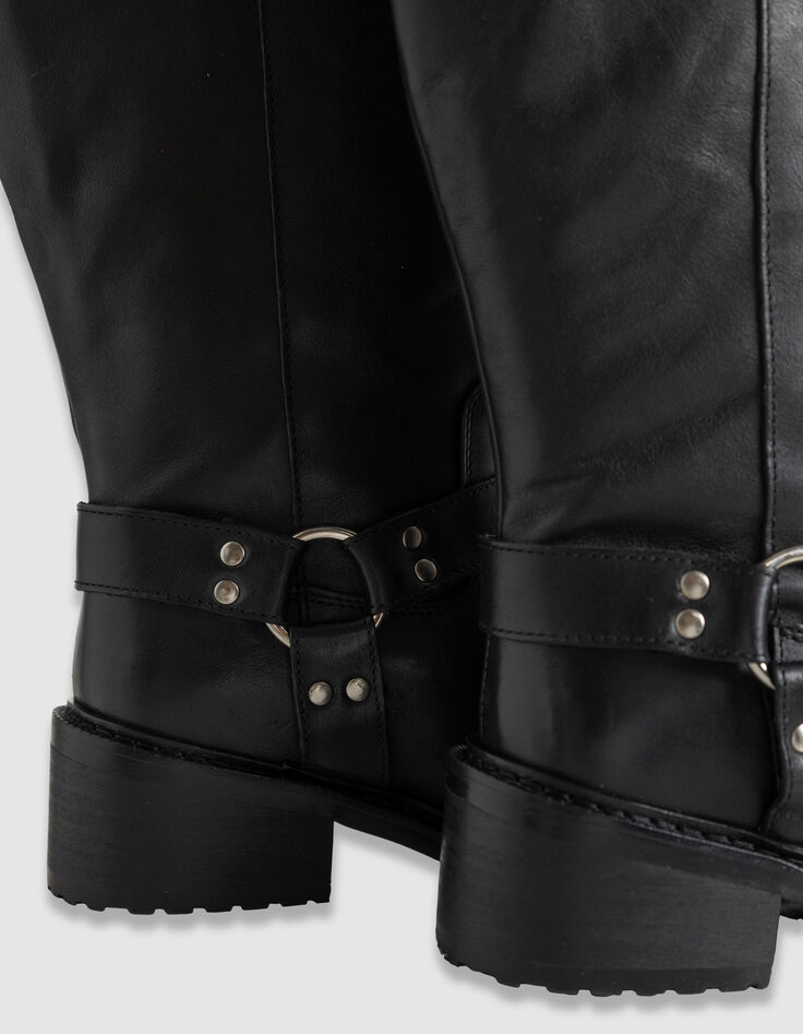 Botas negras cuero motero doble hebilla mujer-7