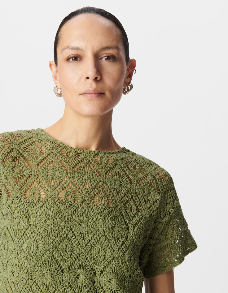 Mujer verde de algodón orgánico de encaje de ganchillo vestido corto-4