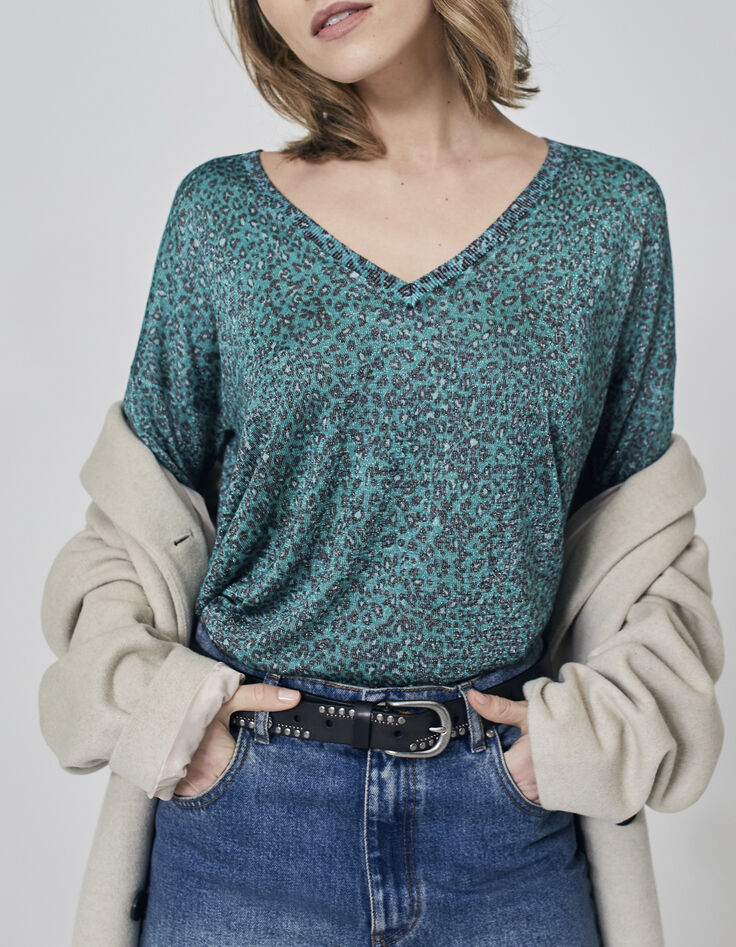 Jersey verde punto leopardo lúrex mujer -1