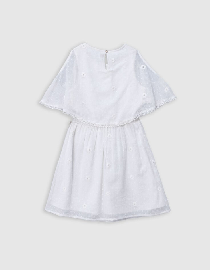 White jacquard feather duster dress with flowers for girl-6 White jacquard feather duster dress with flowers for girl-6