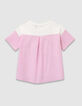 Girls’ white short-sleeved T-shirt with pink stripes-6