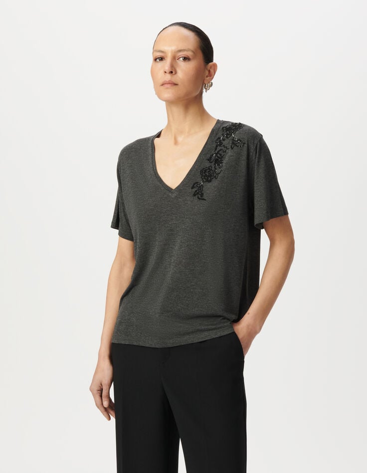 Camiseta gris flores lentejuelas bordadas mujer-2