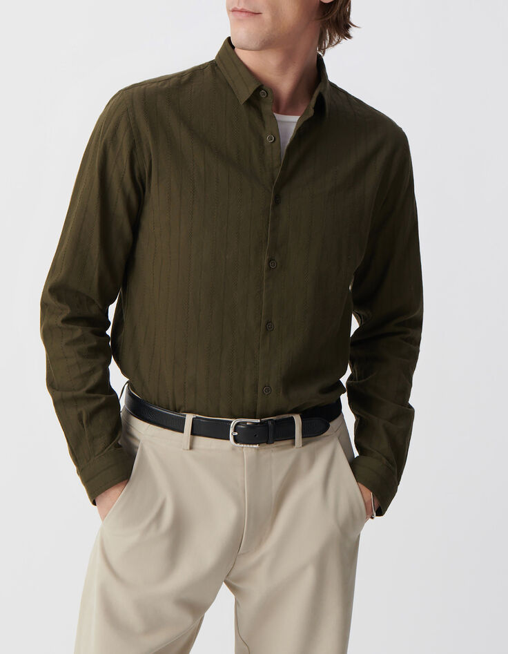 Men&rsquo;s khaki organic cotton SLIM shirt, striped embroidery-5