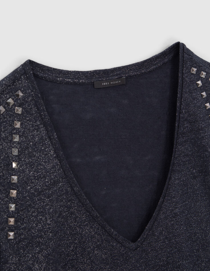 Navy T-shirt in linnen foil sierstuds dames-2