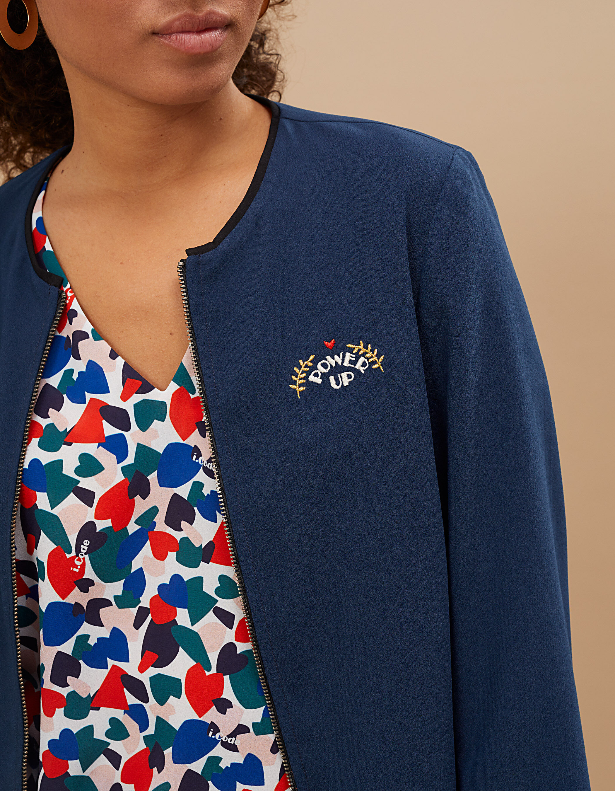 I.Code navy and graphic heart reversible baseball jacket