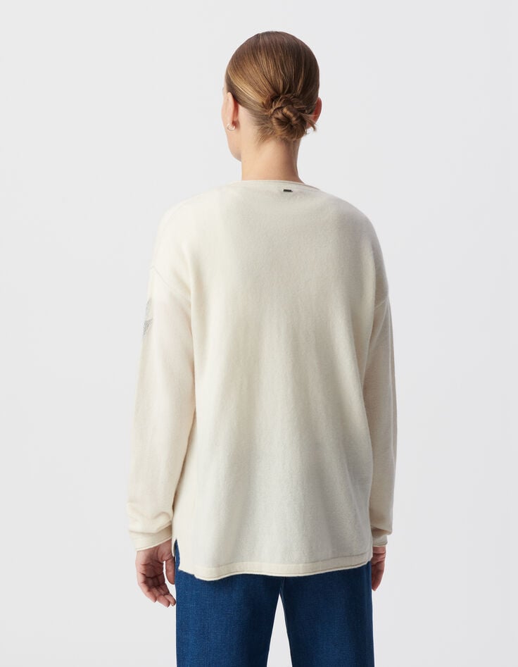 Women’s ecru pure cashmere knit V-neck sweater-3