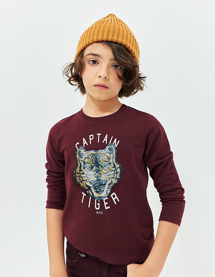 Bordeauxrotes Jungenshirt mit Tiger aus Wendepailletten  - IKKS