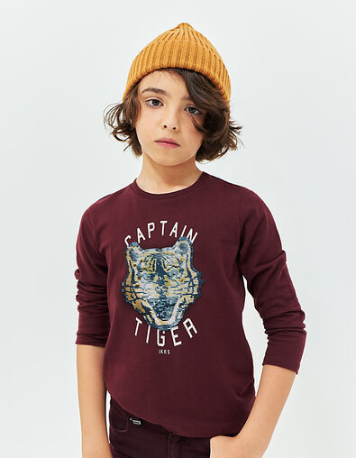 Boys' burgundy reversible sequin tiger T-shirt - IKKS