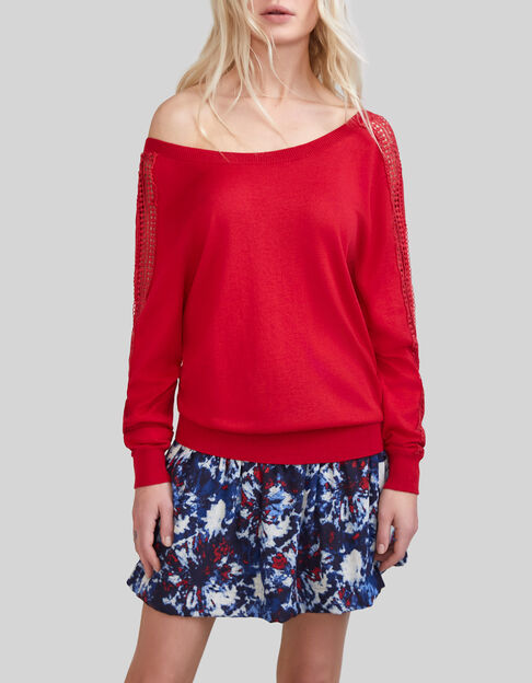 Women’s red knit cardigan with guipure lace sleeves - IKKS