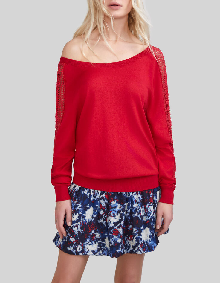 Women’s red knit cardigan with guipure lace sleeves-1