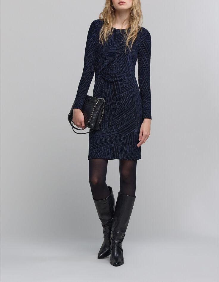 Robe marine maille métallisée drapée Femme-1 Robe marine maille métallisée drapée Femme-1