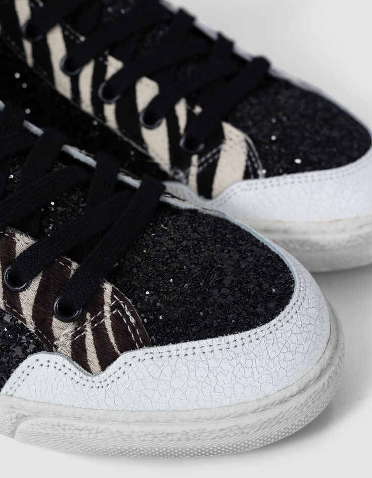Baskets noires micro sequins et cuir motif zèbre Femme-5