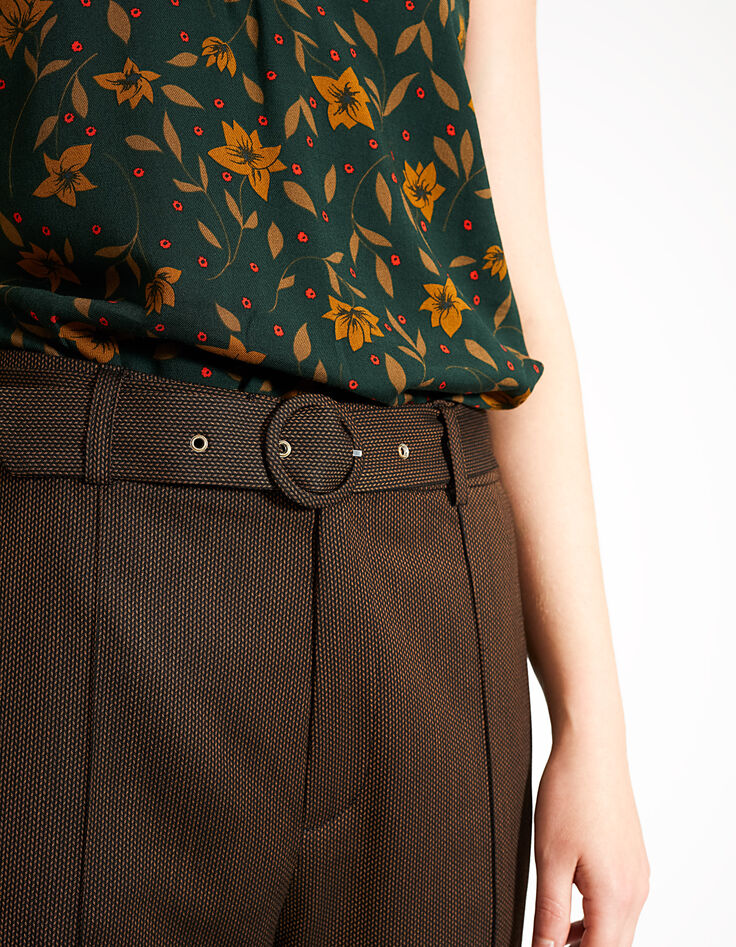 Pantalon cognac en tissu jacquard à taille haute I.Code-3