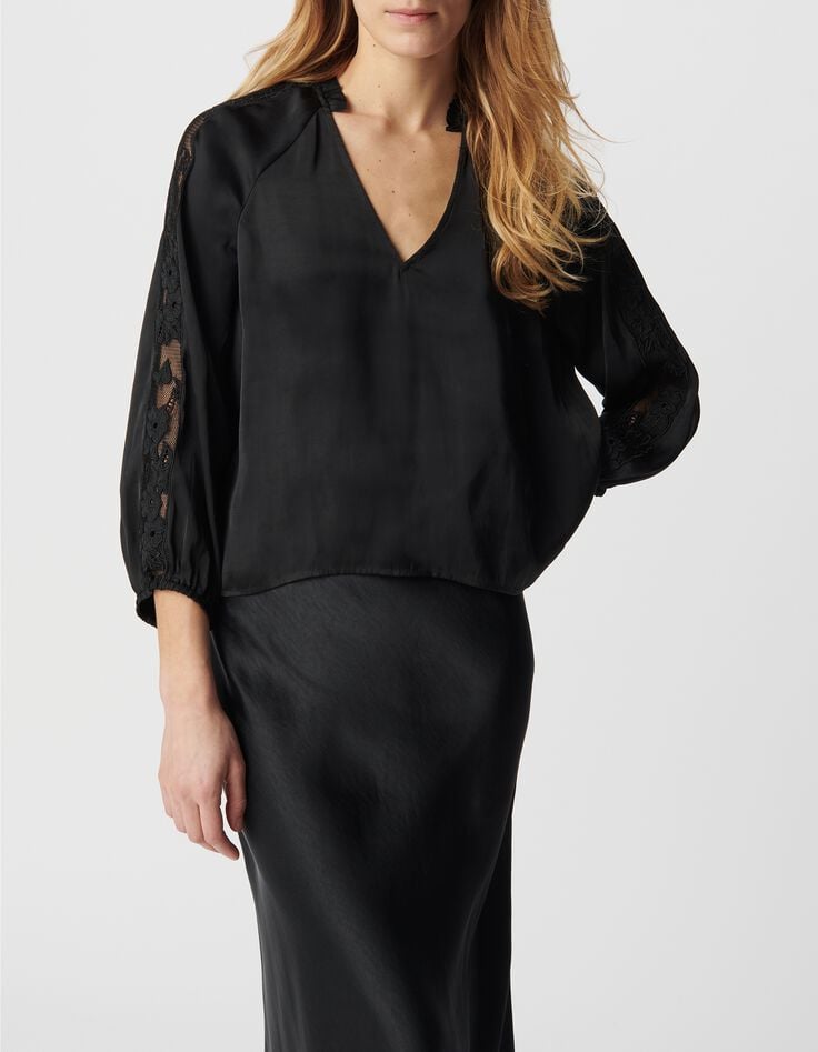 Blusa negra efecto arrugado con encaje Mujer-2