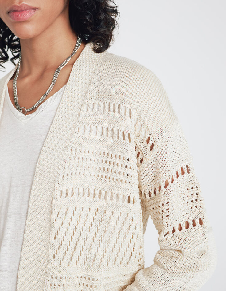 Ecrufarbene Damen-Strickjacke mit Punkten und Fransen-3