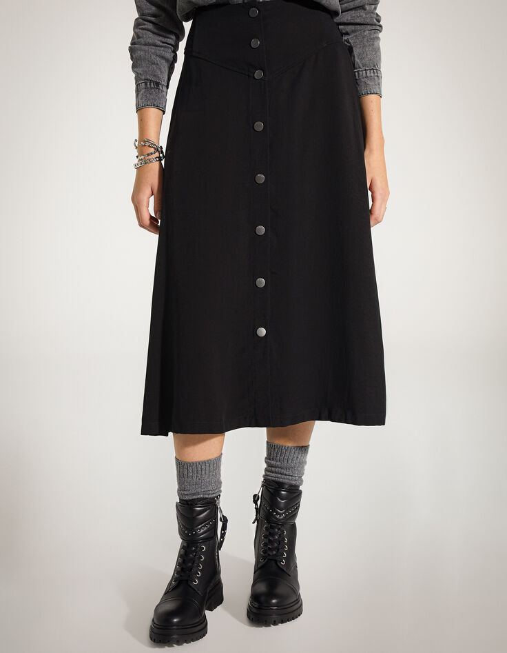 Women’s black Tencel and linen buttoned-front midi skirt-5