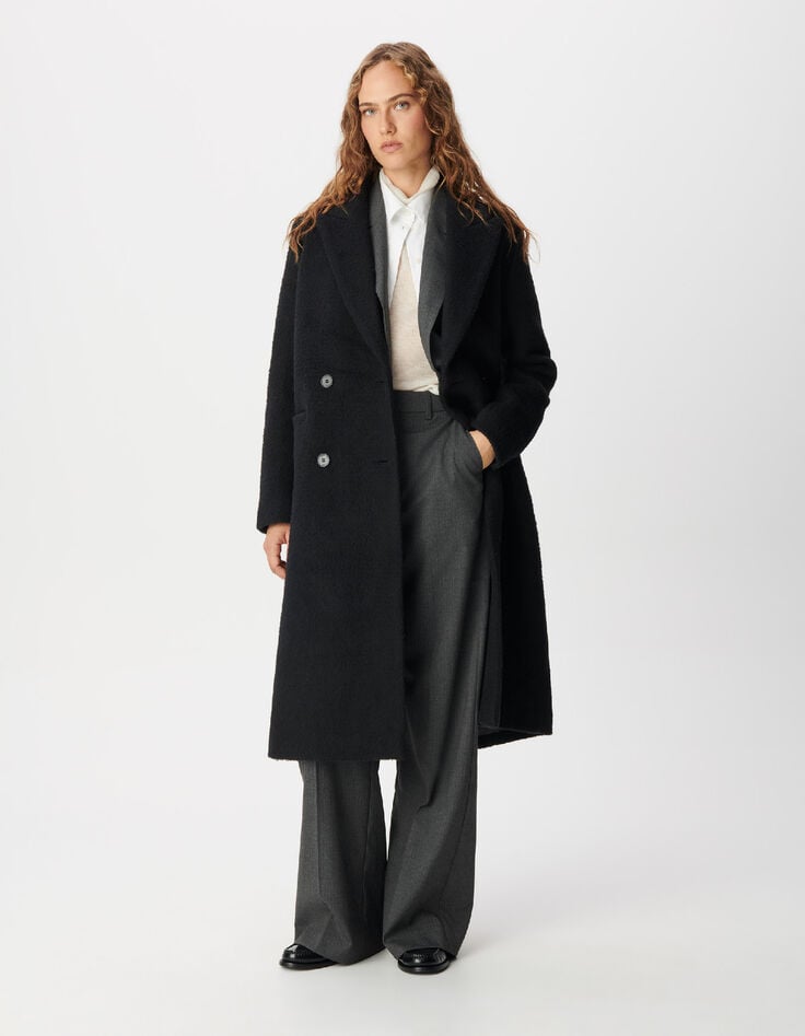 Manteau long noir effet poilu Femme-1