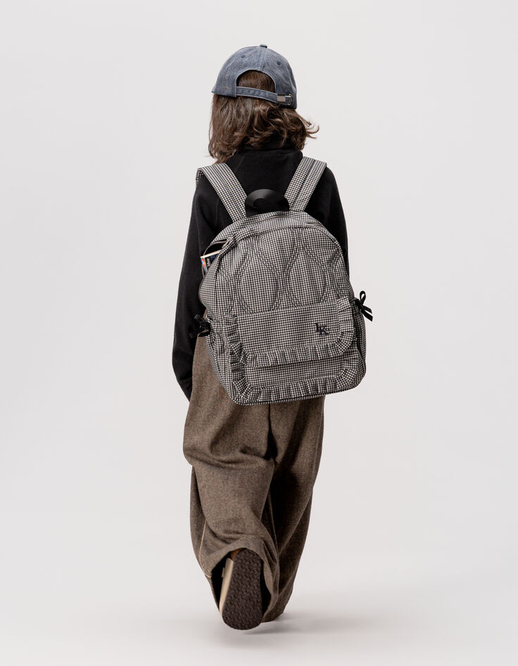 Girls’ black rucksack with ecru gingham, ruffled details-2