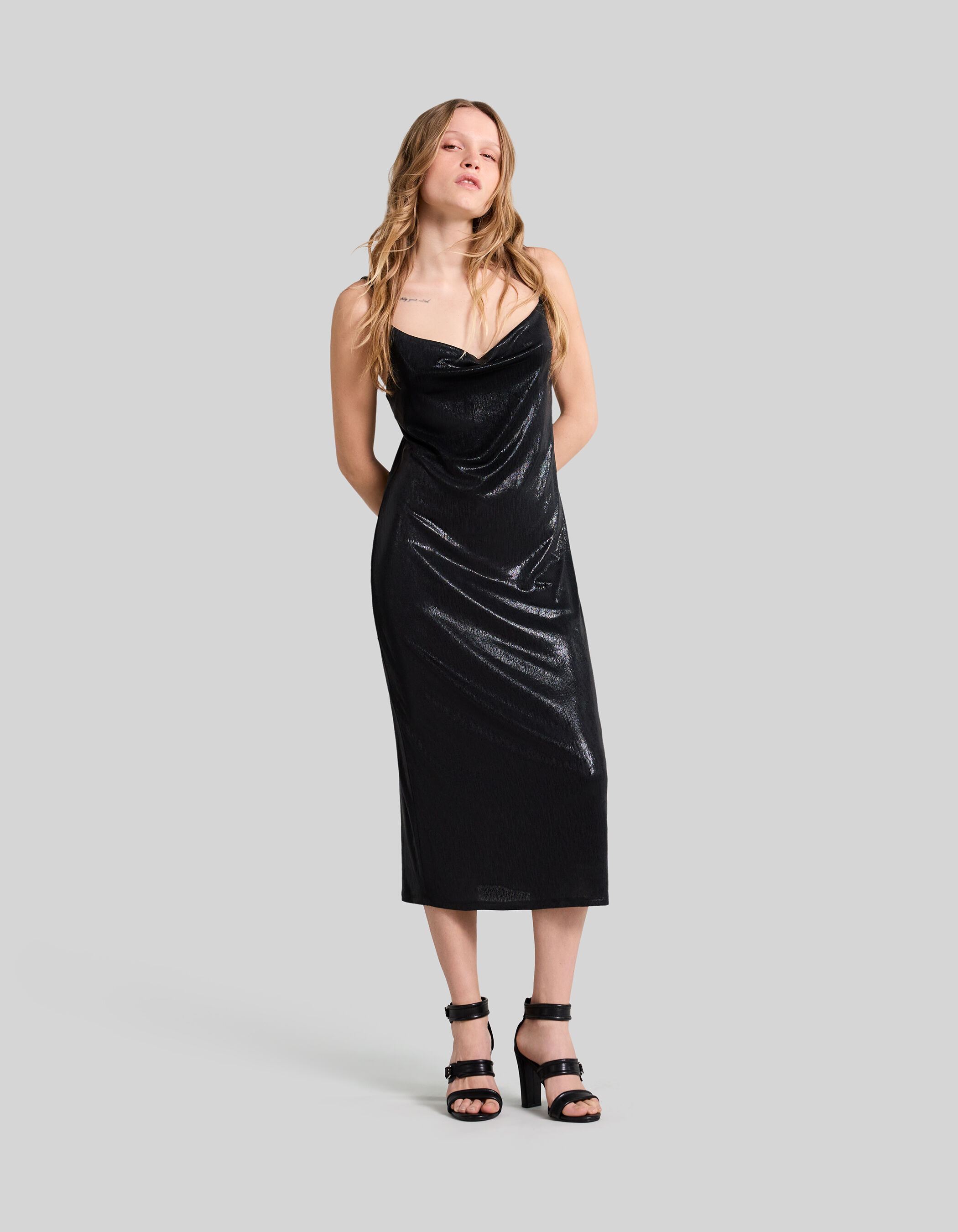 Robe midi noire lamee fines bretelles Femme IKKS