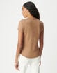 Tee-shirt col V camel en lin foil femme-3