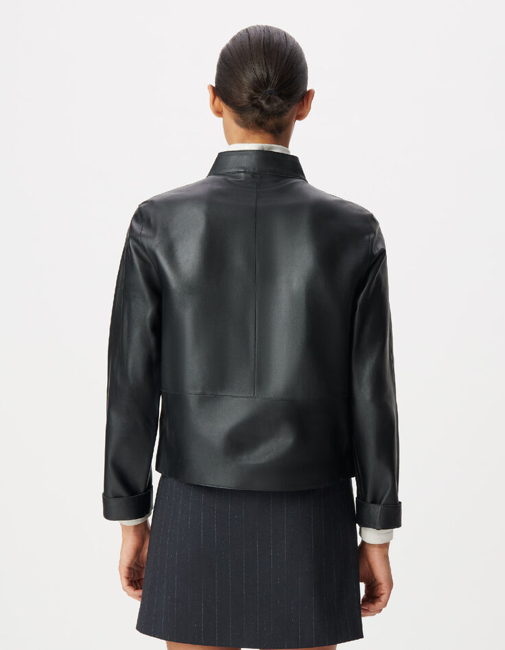 Women's black leather jacket with stand-up collar-4
