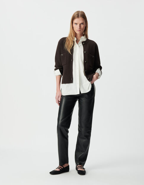 Braune Damen-Kurzstrickjacke 100 % Rippwolle - IKKS