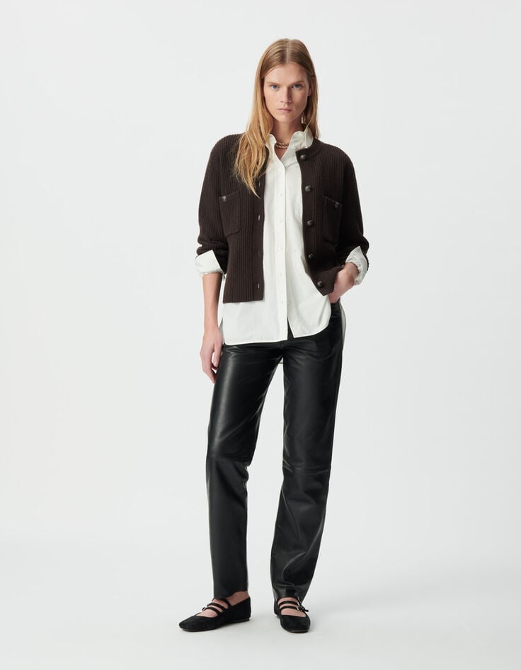 Braune Damen-Kurzstrickjacke 100 % Rippwolle-1 Braune Damen-Kurzstrickjacke 100 % Rippwolle-1