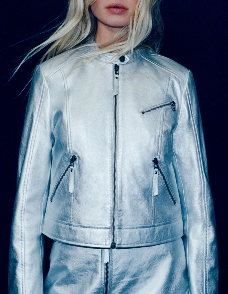 Women&rsquo;s silver leather zipped jacket-2