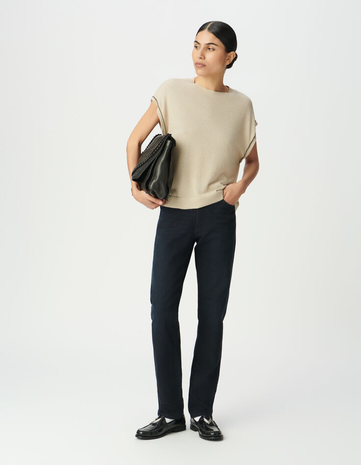 Pull beige tricot fin lurex décor chaînettes Femme-1 Pull beige tricot fin lurex décor chaînettes Femme-1