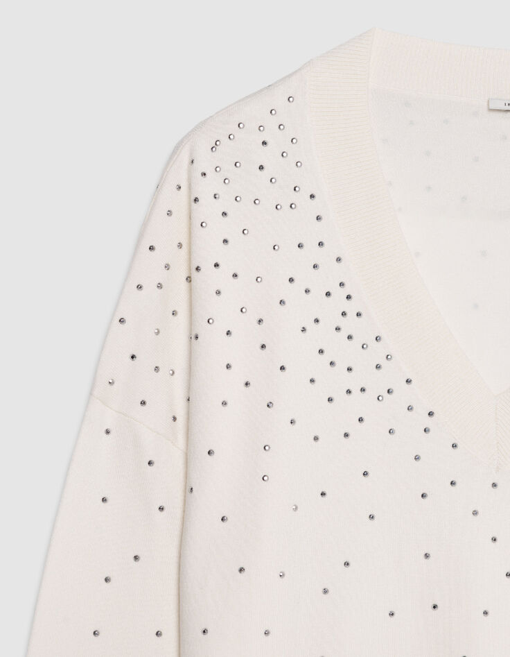 Women's white knitted V-neck studded sweater-7