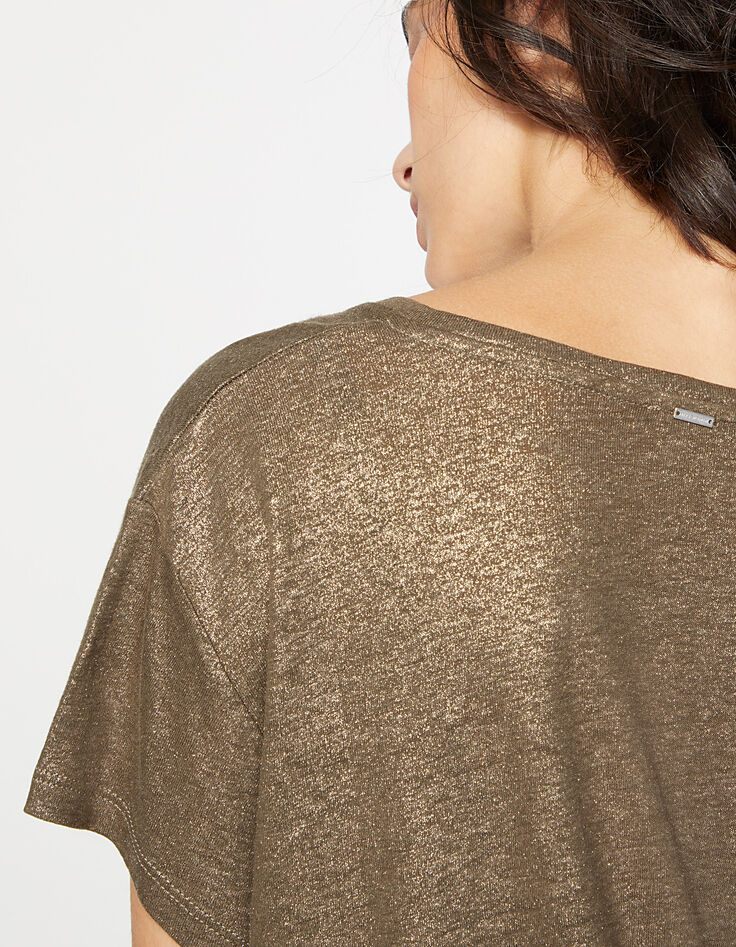 Women's bronze foil linen wide-cut V-neck T-shirt-5 Women's bronze foil linen wide-cut V-neck T-shirt-5