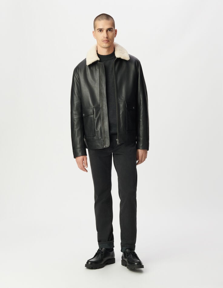 Blouson aviateur noir en cuir sherpa amovible Homme-6 Blouson aviateur noir en cuir sherpa amovible Homme-6