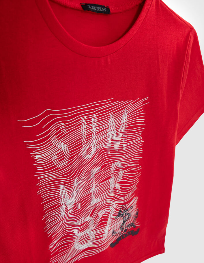 Camiseta roja algodón orgánico líneas gráficas goma niño
