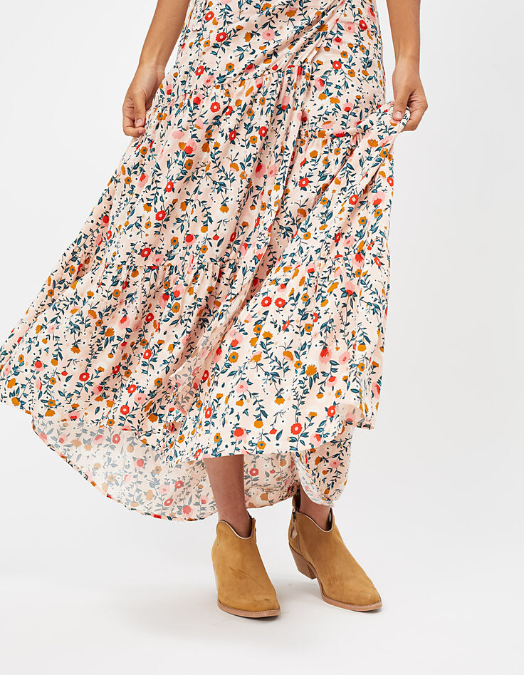 Robe longue rose poudré à imprimé floral et doré I.Code-6
