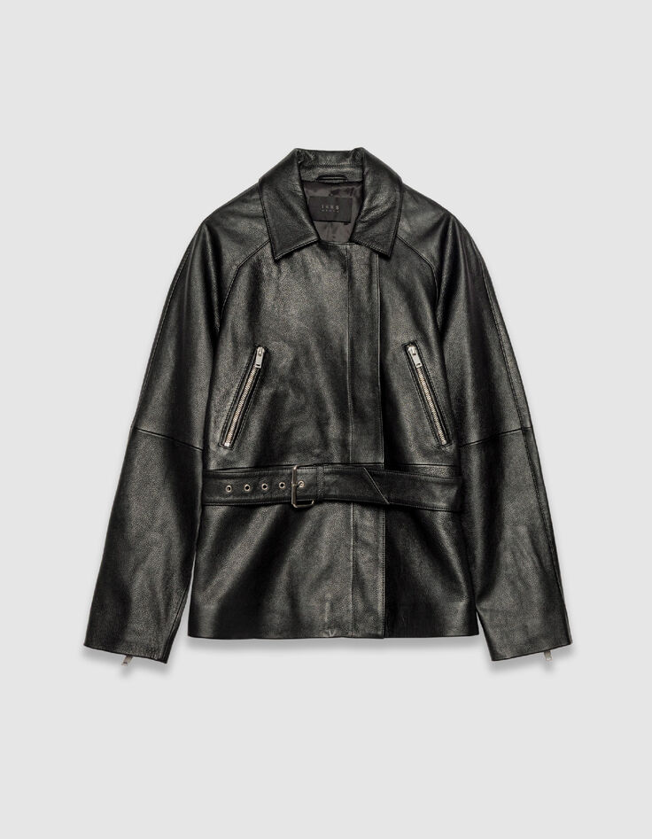 Blouson noir oversize cuir grain&eacute; esprit motard Femme-7