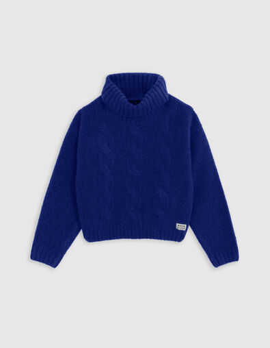 Pull bleu col roulé tricot à torsades fille - IKKS