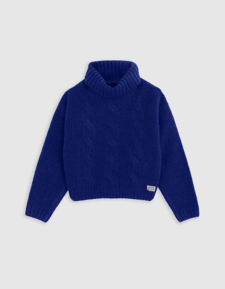 Pull bleu col roulé tricot à torsades fille-1