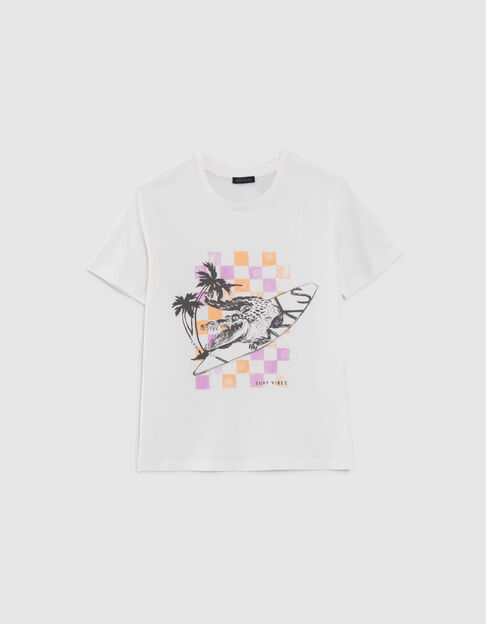 Boys’ white T-shirt with crocodile-surfer image - IKKS