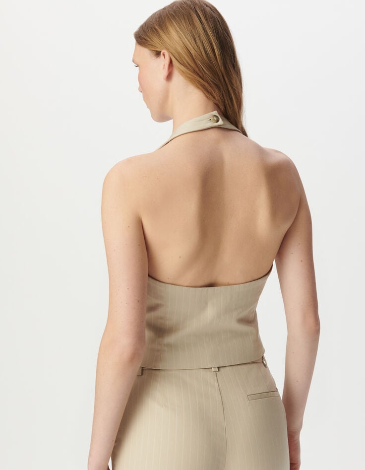 Gilet de tailleur beige dos-nu motif rayures tennis Femme-3 Gilet de tailleur beige dos-nu motif rayures tennis Femme-3