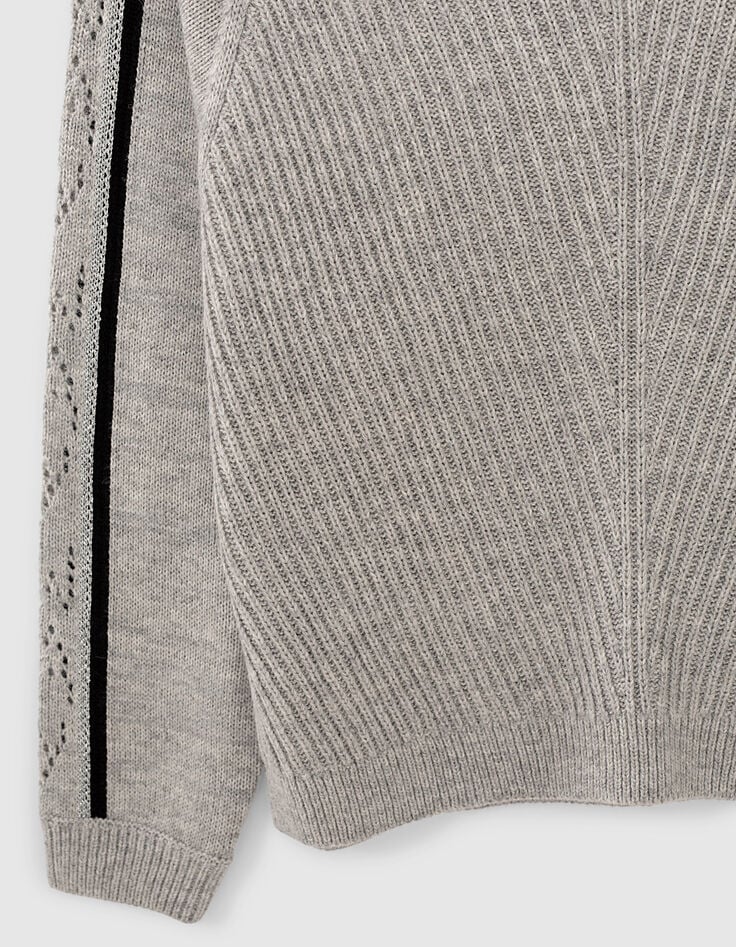 Pull gris chiné tricot côtelé lurex bicolore manches fille-2 Pull gris chiné tricot côtelé lurex bicolore manches fille-2