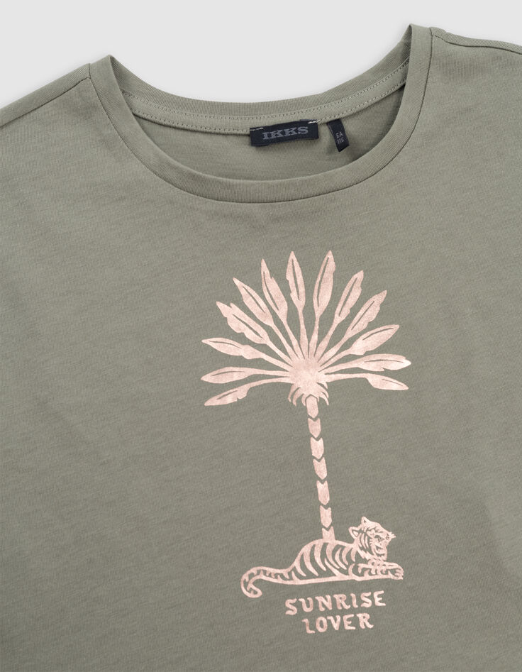 Khaki Mädchen-T-Shirt, Biobaumwolle, Palmen-Tiger, kupfer-3