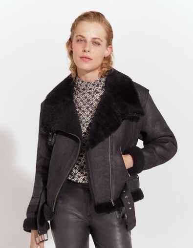 Women’s black mid-length Pure Edition shearling coat - IKKS