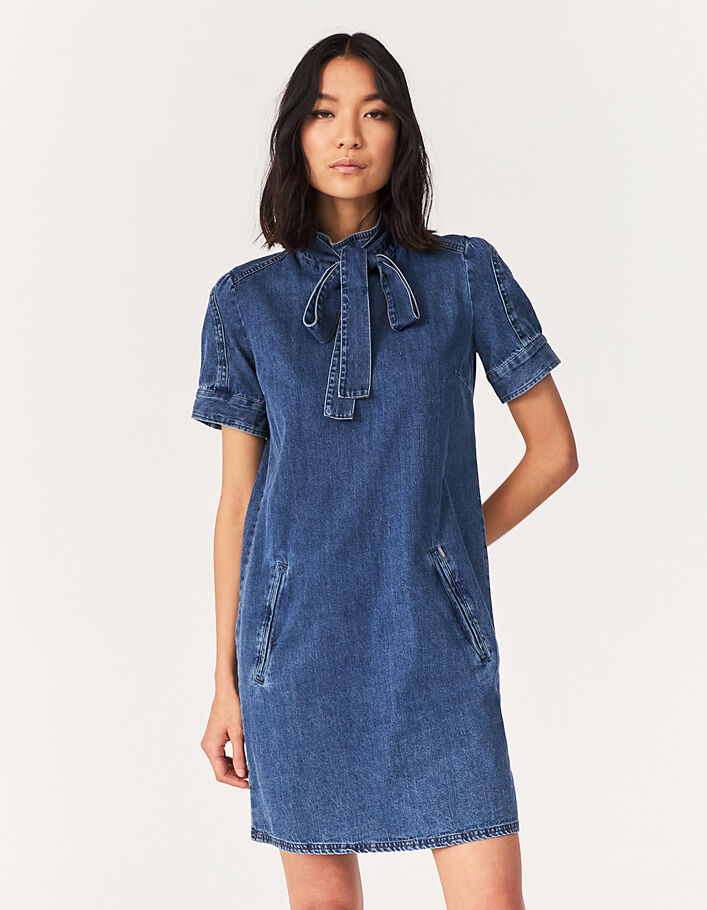 Blue denim straight dress with removable tie