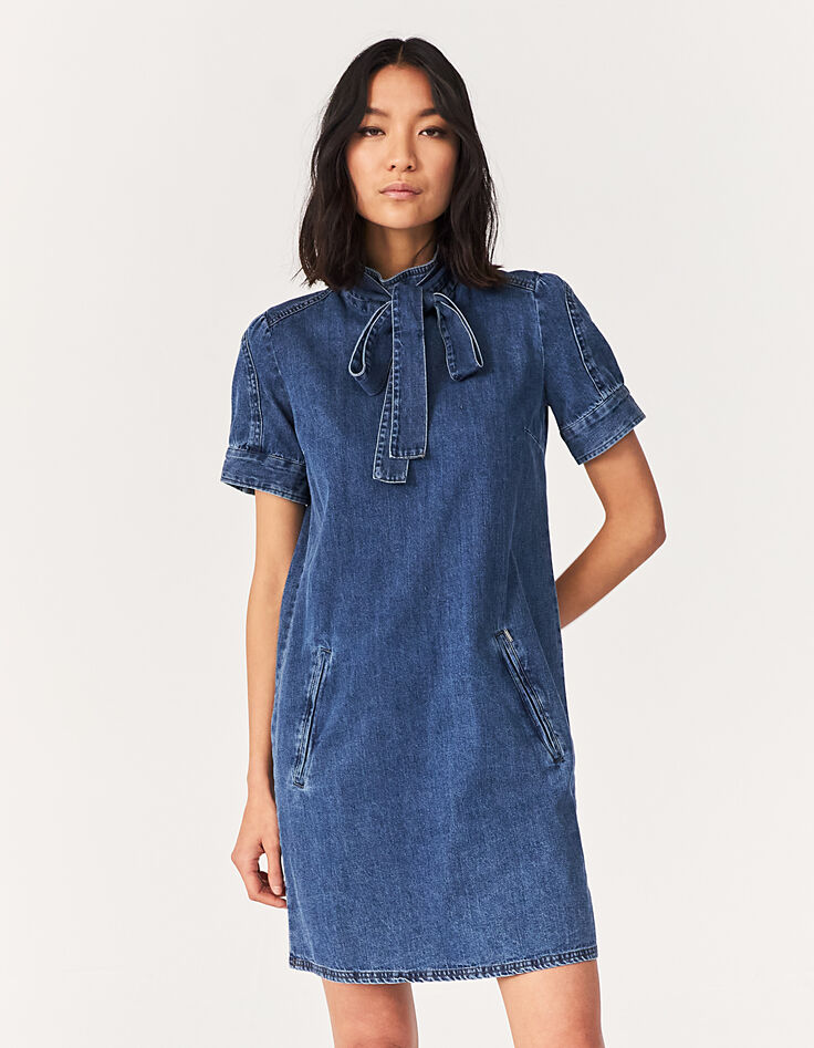 Robe droite en jean bleu lavallière amovible-2