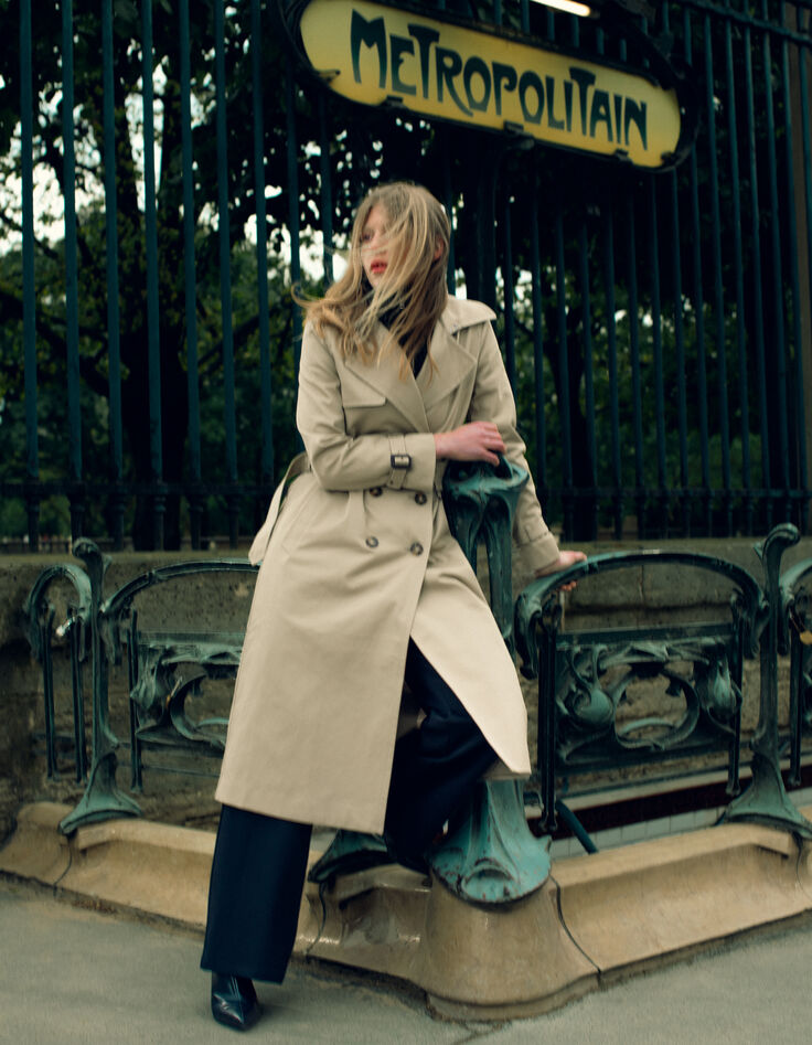 Women's long beige trench coat with removable trim-2