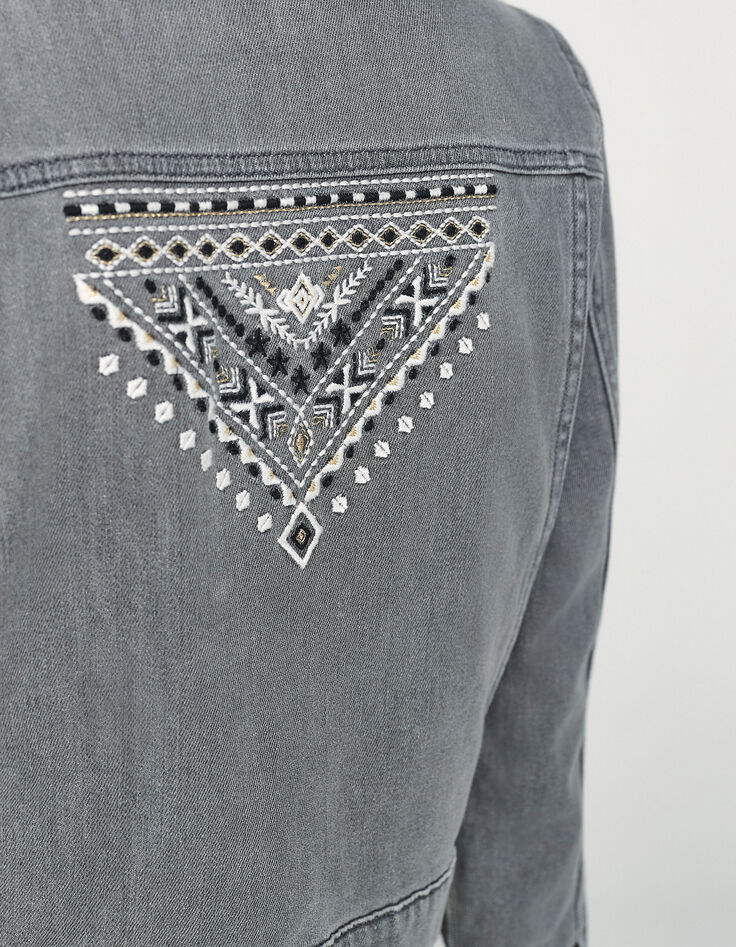Women’s grey denim jacket embroidered on back-4