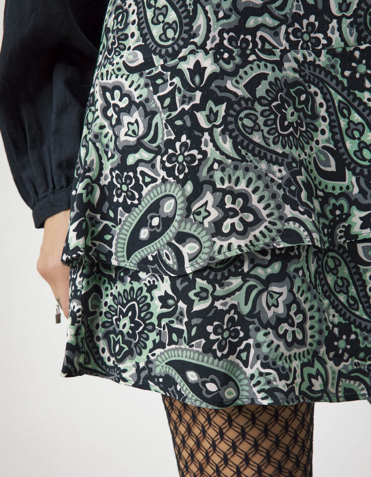 Falda drapeada volantes estampado cachemira verde mujer-4