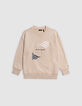 Sweat beige logo embossé et motifs rayures garçon-3